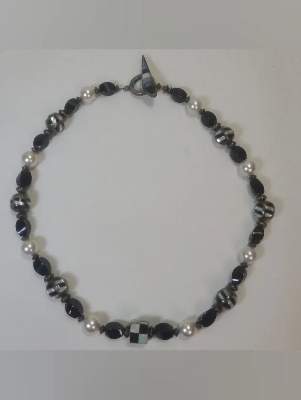 Katherine Chiquito Navajo Sterling Silver Mother of Pearl Onyx Inlay Necklace